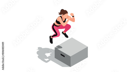 Energetic woman jumping on box in isometric style