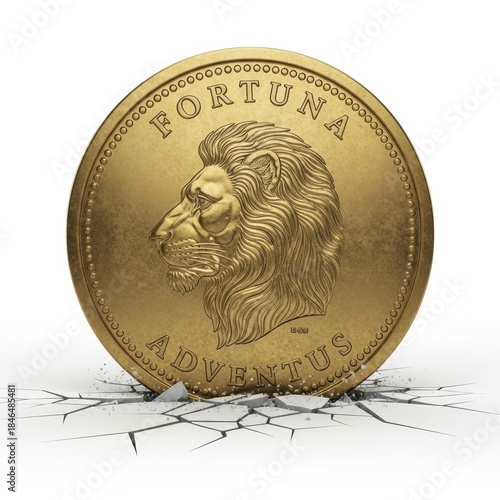 Ancient Gold Coin Cracking Surface With Lion and Fortuna Adventus Text