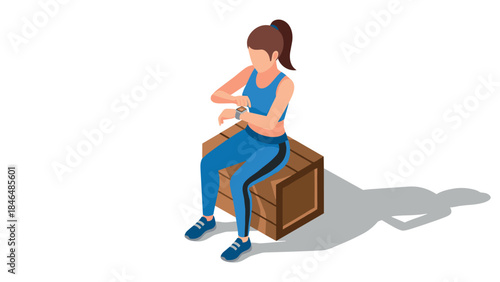 Isometric fitness woman checking time on smartwatch while sitting on box