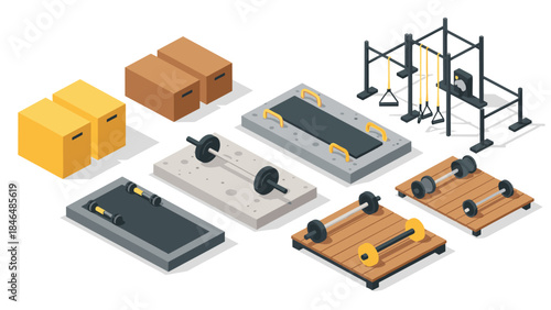 Isometric gym equipment set featuring weightlifting and fitness platforms