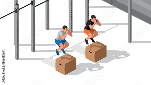 Isometric fitness training: athletes performing box jumps in a gym setting