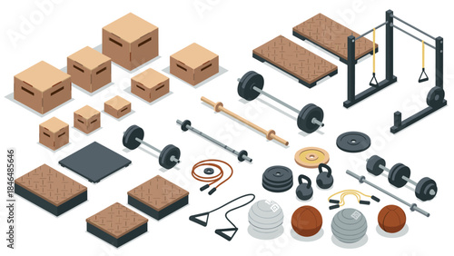 Isometric home gym equipment set with weights, resistance bands, and workout accessories