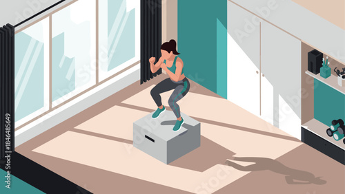 Isometric home workout: woman exercising with step box in modern room