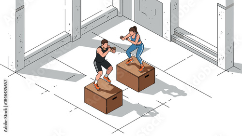 Fitness training in urban gym: box jump workout with two athletes