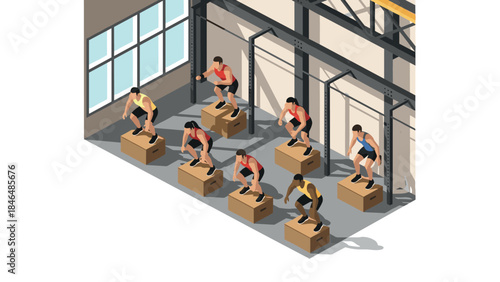 Group workout in gym with box jumps isometric style