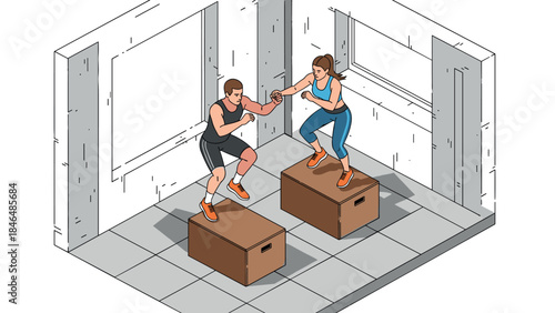 Isometric fitness workout: box jump exercise in gym room with athletic pair