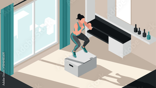 Isometric home workout scene with woman doing box jumps in modern living room