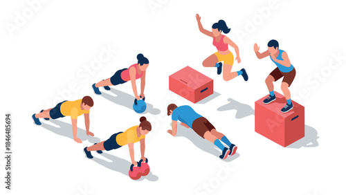 Isometric fitness training group with athletic exercises and equipment