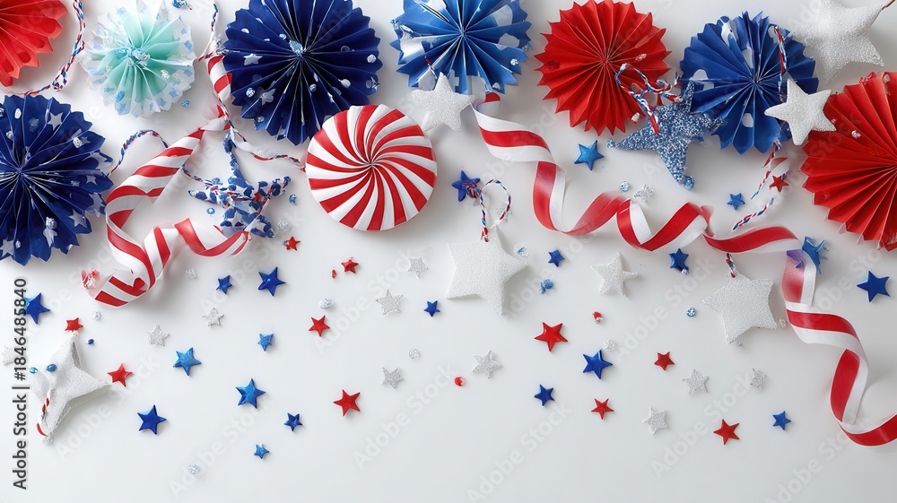 Obraz premium Red, white, and blue decorations aligning top and sides a white wooden surface, creating a patriotic border with text space