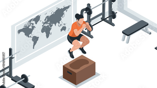 Woman exercising with box jump in gym setting with map in background