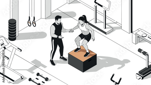Isometric gym training scene with trainer and athlete performing box jumps