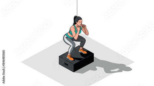 Woman in sportswear performing box squat exercise with raised platform and shadow effect