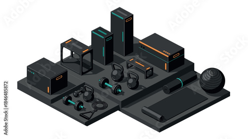 Modern isometric home gym equipment set with kettlebells and yoga mat