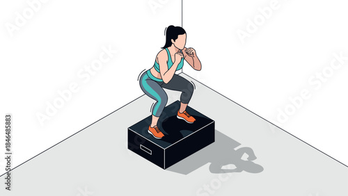 Isometric female fitness training with box jump in gym setting