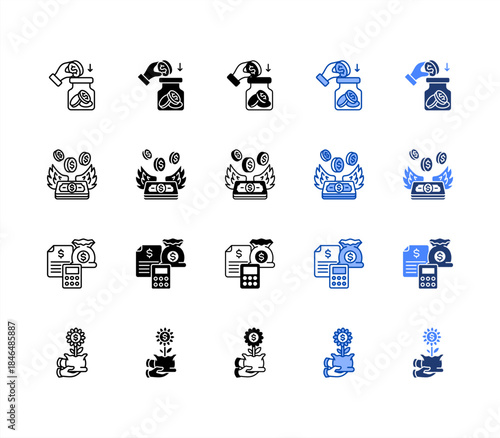 Savings, Financial freedom, Budget, Prosperity multiple style icon set.