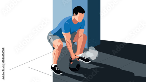 Dynamic fitness routine: kettlebell workout in modern gym setting