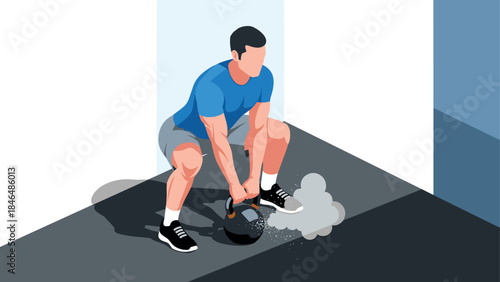 Athlete lifting kettlebell with modern isometric fitness design