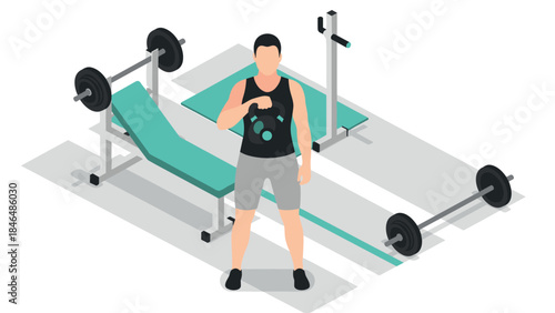 Isometric gym workout design with man lifting kettlebell and fitness equipment