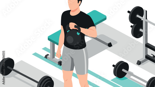 Isometric gym scene with person lifting kettlebell near workout equipment
