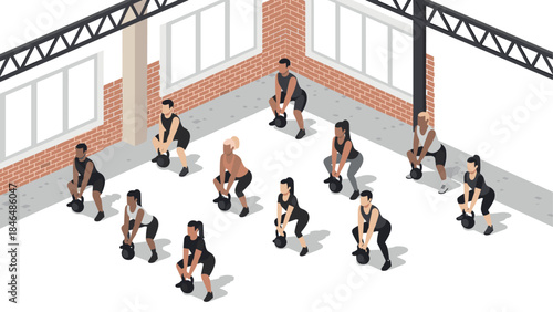 Isometric group workout with kettlebells in modern gym setting