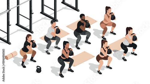 Group kettlebell workout in gym with diverse athletes performing squats on mats