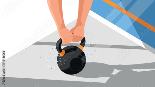 Flat style fitness kettlebell workout with dynamic hand grip illustration