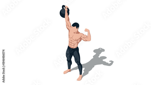 Isometric strongman lifting kettlebell with shadow on white background
