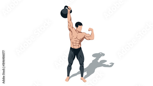 Isometric fitness: muscular man lifting kettlebell in athletic exercise pose