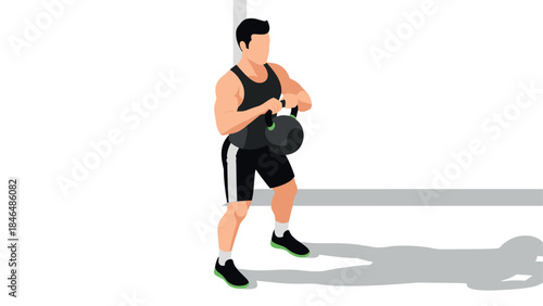 Fitness enthusiast lifting kettlebell in dynamic flat design workout scene