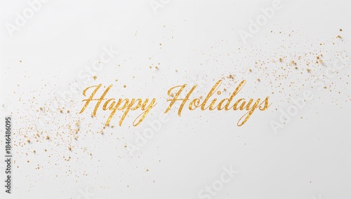 Displaying gold cursive 'Happy Holidays' text centered on pale backdrop, featuring gold glitter