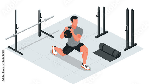 Isometric fitness scene with man exercising in gym environment