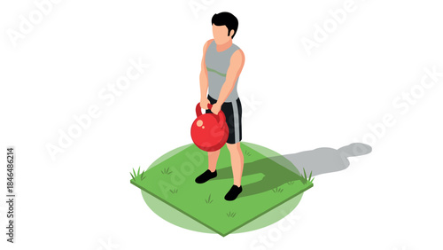 Isometric fitness training man with kettlebell on grass mat