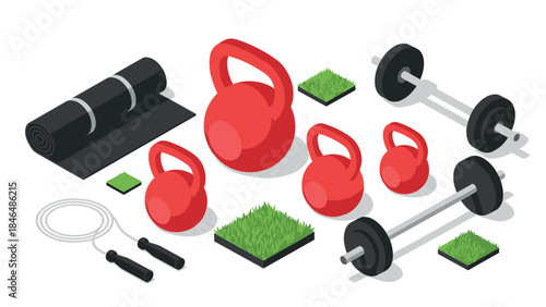 Isometric gym equipment set with kettlebells, barbells, and yoga mat on white background