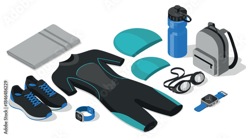 Swimming gear isometric layout with wetsuit, accessories, and fitness essentials