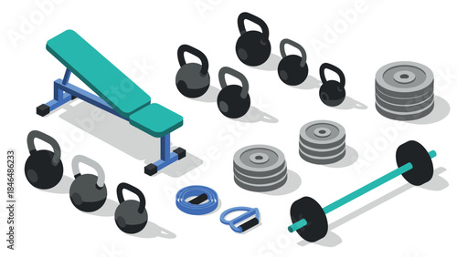 Isometric gym equipment collection: kettlebells, bench, barbell, and weights