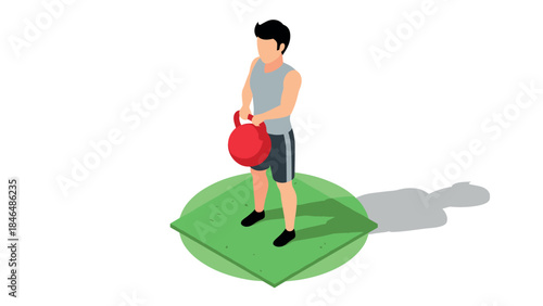 Isometric fitness man lifting kettlebell on green mat in gym environment