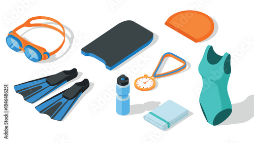 Isometric swimming gear collection with goggles, flippers, and stopwatch