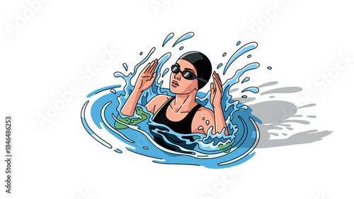 Dynamic swimmer emerges with splashing water in bold cartoon style