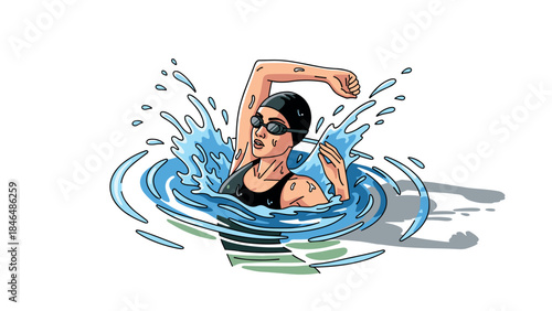 Dynamic swimming athlete in water splashing with hand drawn style