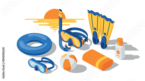 Summer beach essentials in isometric style with snorkel, flippers, and more