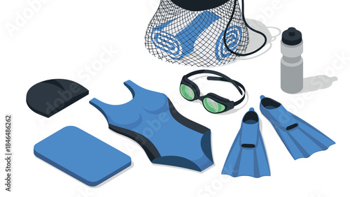 Isometric swim gear collection: swimsuit, goggles, flippers, and accessories