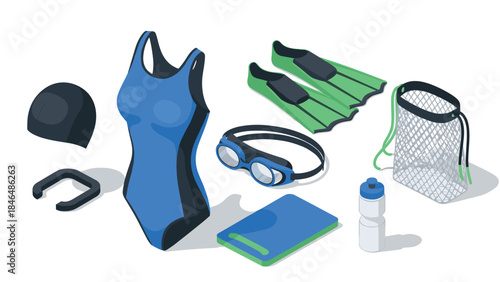 Swimming gear collection in isometric style for competitive and recreational swimmers