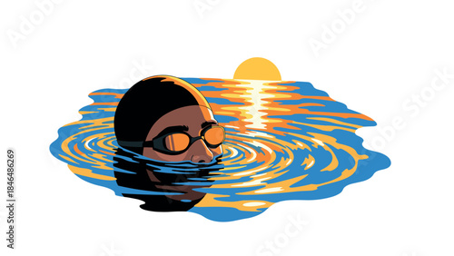 Swimmer at sunset: reflective waterscape with sunlit ripples and sunglasses