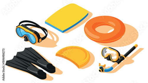 Isometric summer water sports equipment: snorkel, goggles, flippers, float, board