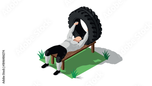 Isometric workout with tire on bench in outdoor gym setting