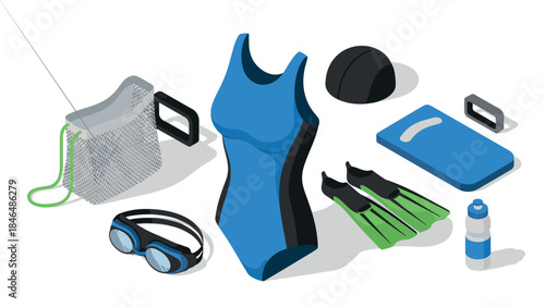 Isometric swimming gear set with swimsuit, goggles, and fins on white background