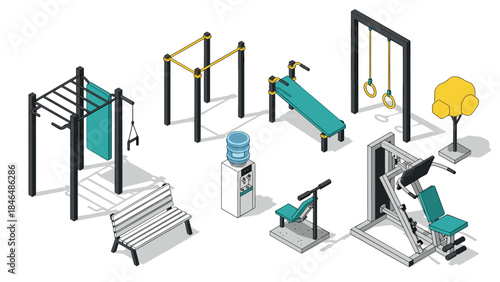 Outdoor fitness park with isometric gym equipment and workout stations