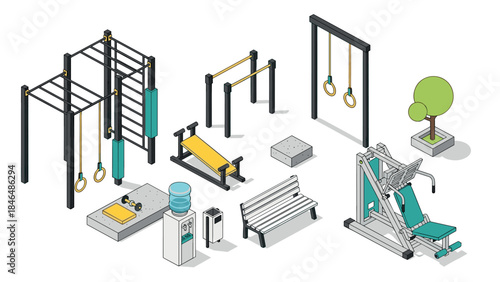 Outdoor fitness park with isometric gym equipment and exercise structures