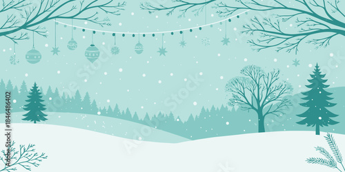 Winter wonderland scene with snow covered trees and hanging ornaments