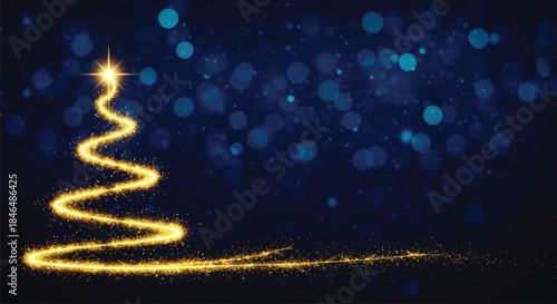A beautiful abstract representation of a Christmas tree formed by a trail of golden, glittering light particles against a deep, dark blue background.